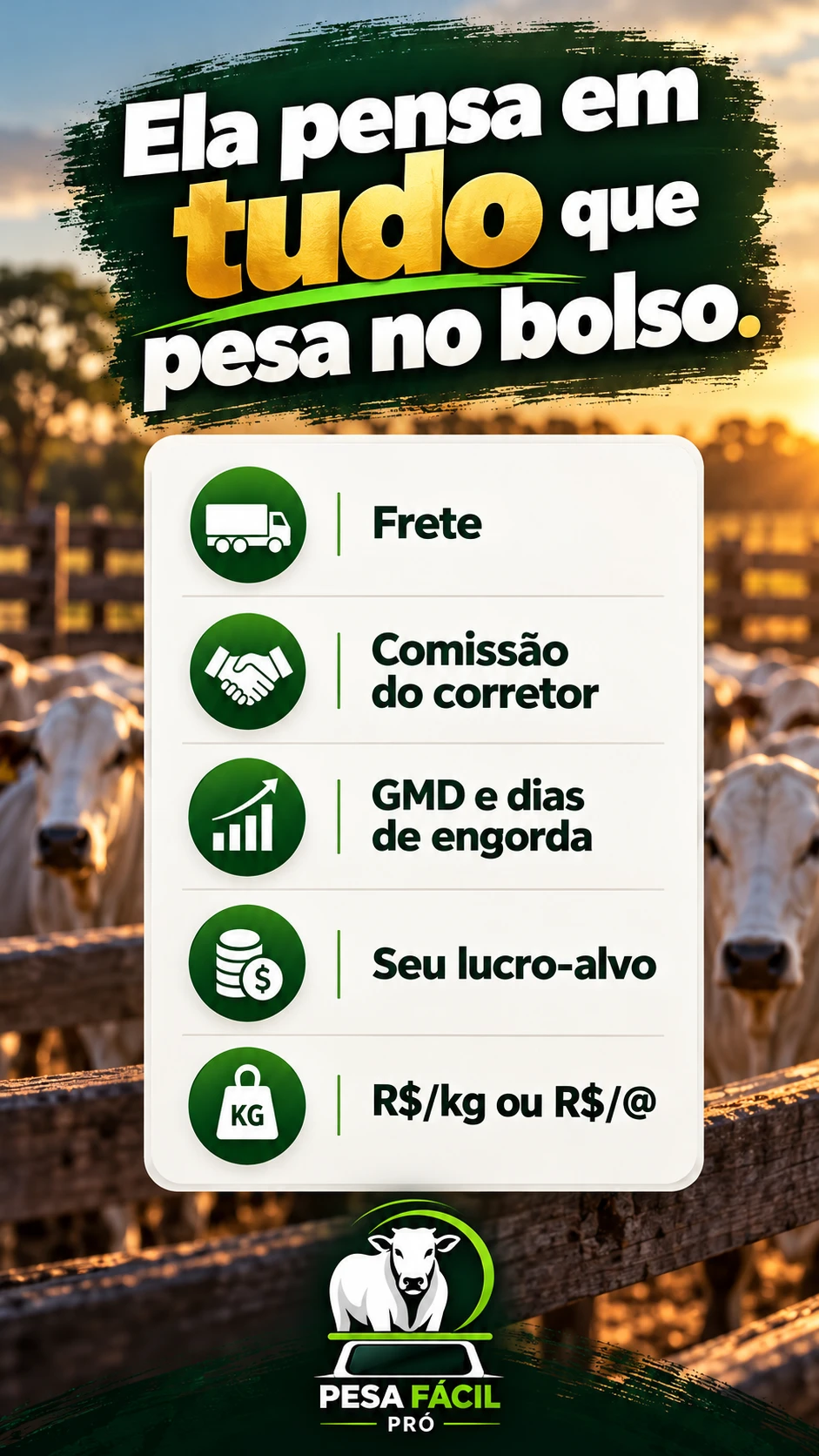Ela pensa em tudo que pesa no bolso: frete, comissão, GMD, lucro-alvo