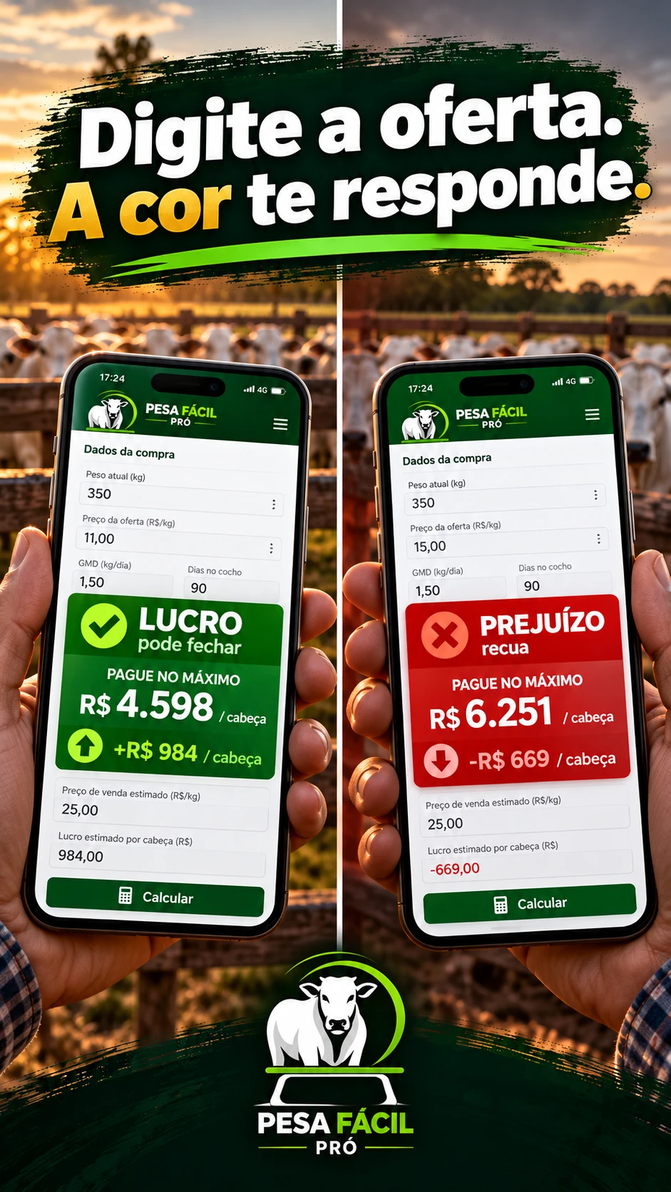 Digite a oferta. A cor te responde: verde lucro, vermelho prejuízo